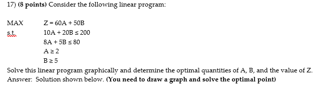 17) (8 points) Consider the following linear program: MAXZ=60A+50B s.t. 10A+20B200
