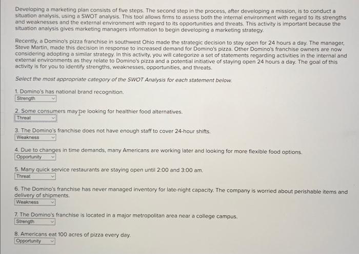 HELPSWOT analysis: options are; strength, weakness, opportunity, threat Developing a marketing plan