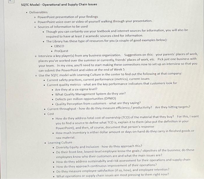  SQTC Model - Operational and Supply Chain Issues . Deliverables PowerPoint