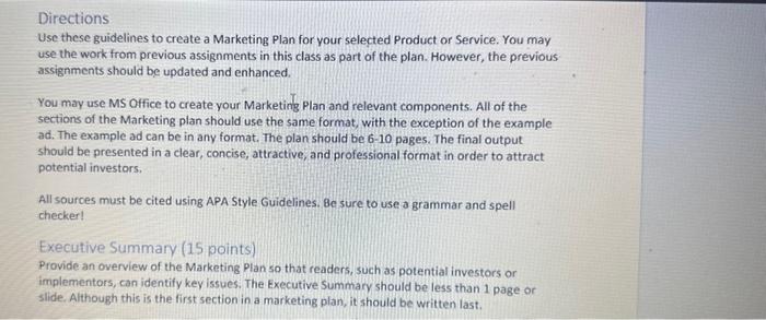  Directions Use these guidelines to create a Marketing Plan for your