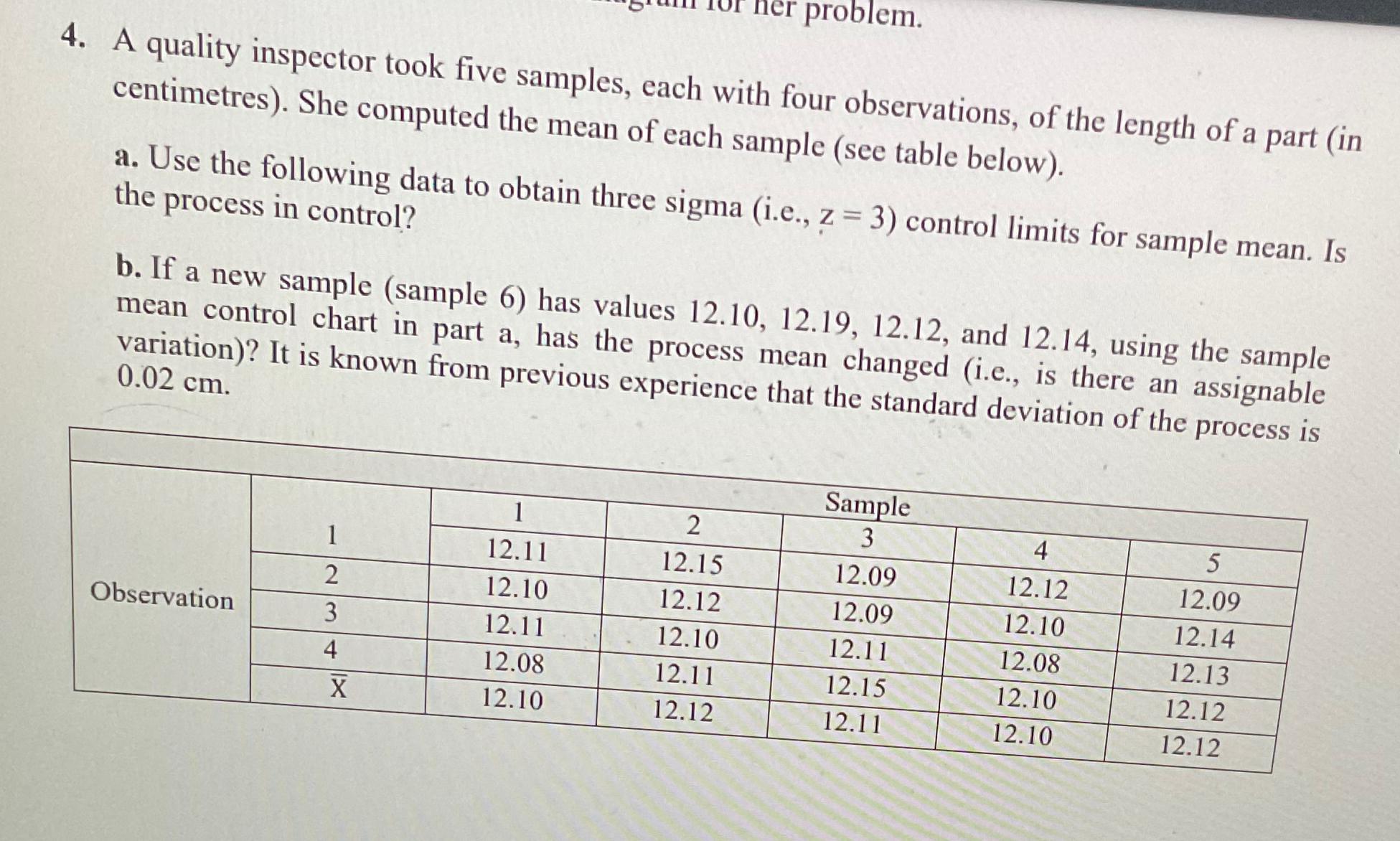  A quality inspector took five samples, each with four observations, of