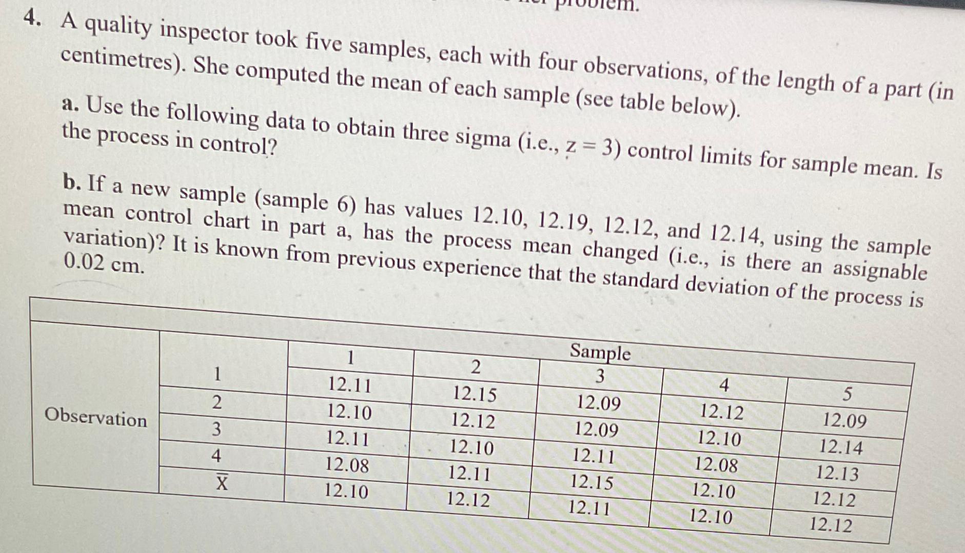  A quality inspector took five samples, each with four observations, of