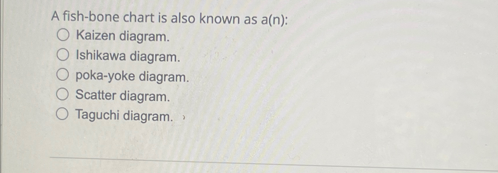  A fish-bone chart is also known as a(n): Kaizen diagram. Ishikawa