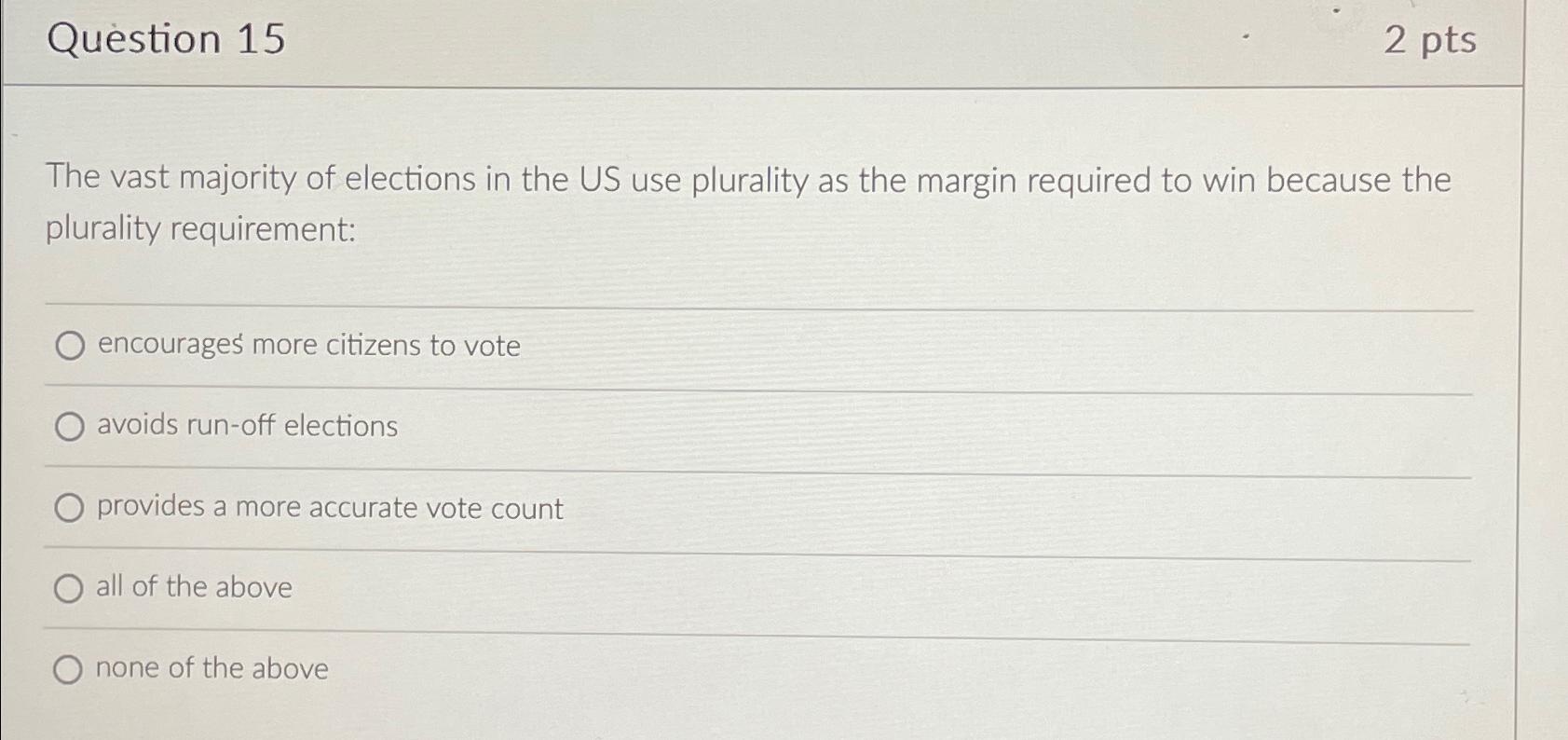  Question 15 2pts The vast majority of elections in the US