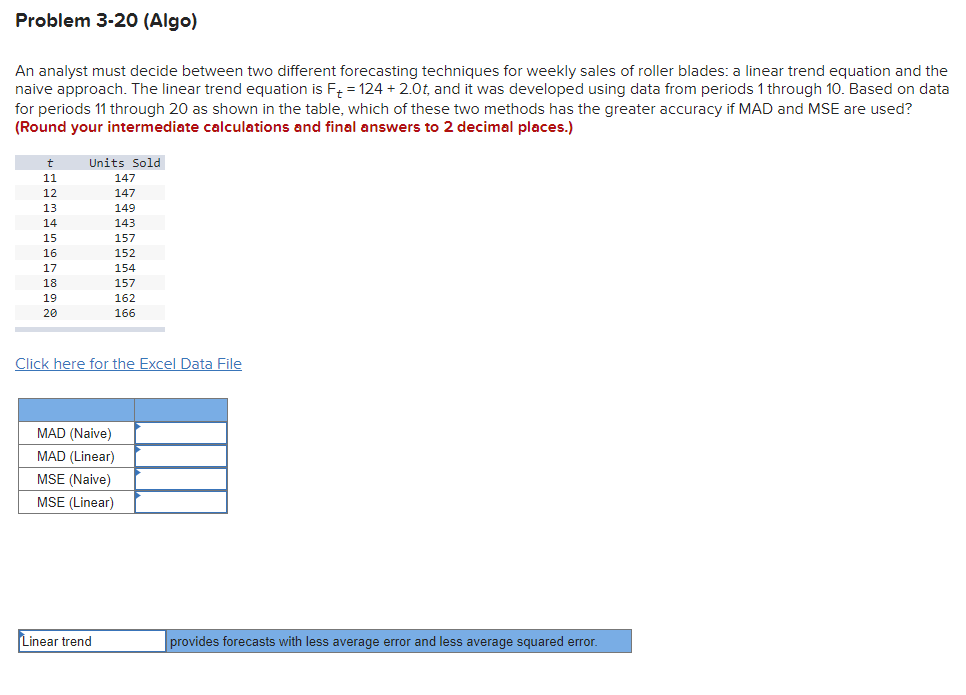 Problem 3-20 (Algo) An analyst must decide between two different forecasting techniques