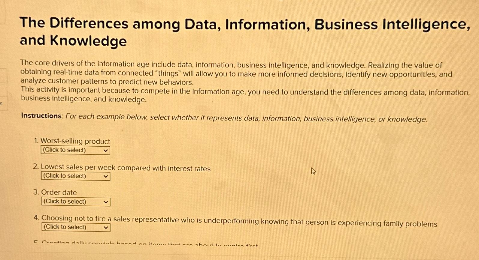  The Differences among Data, Information, Business Intelligence, and Knowledge The core