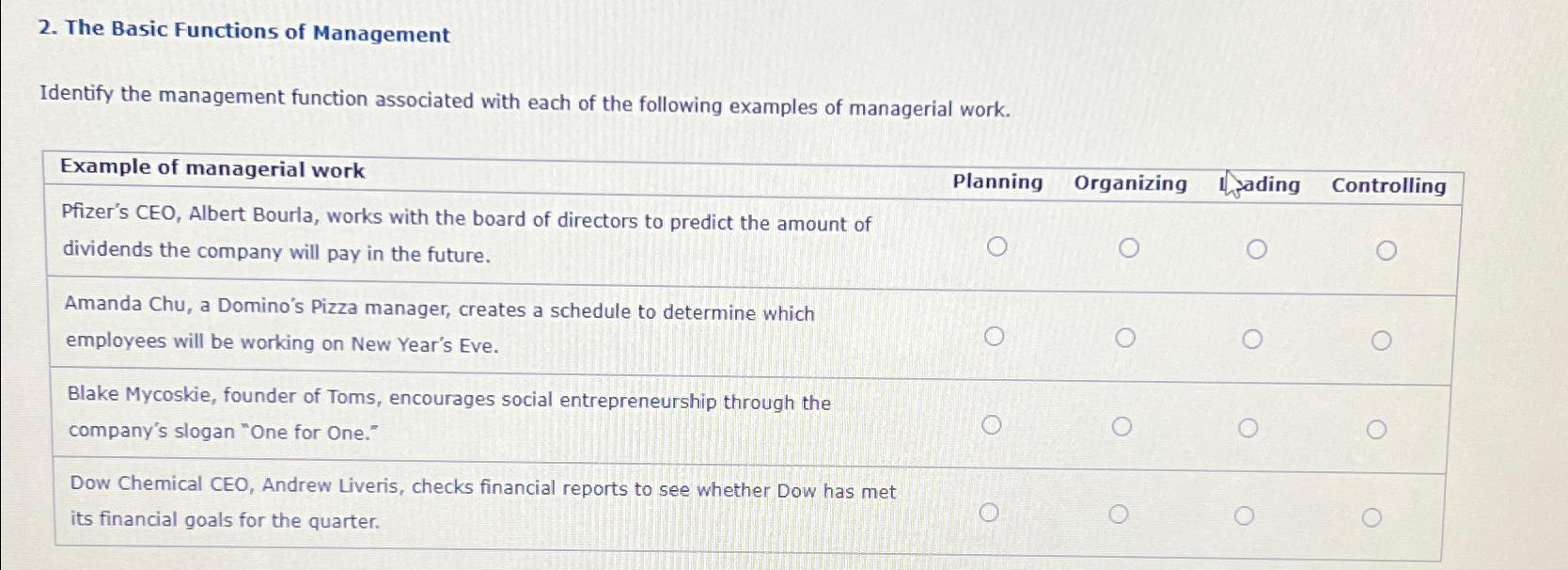  The Basic Functions of Management Identify the management function associated with