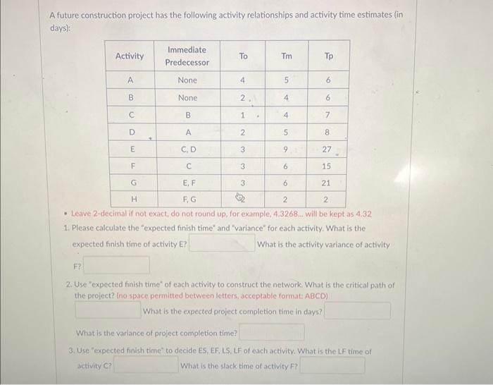  A future construction project has the following activity relationships and activity