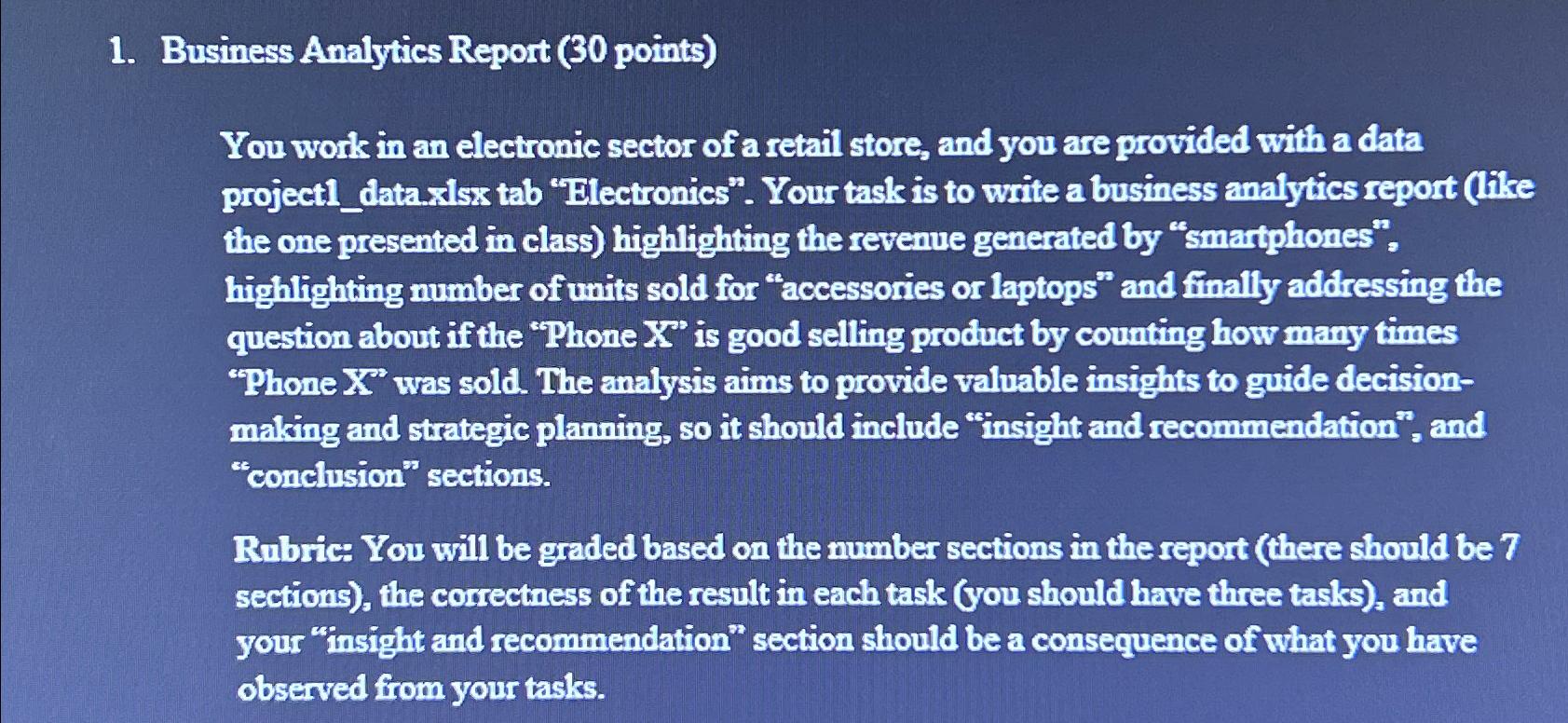  Business Analytics Report (30 points) You work in an electronic sector