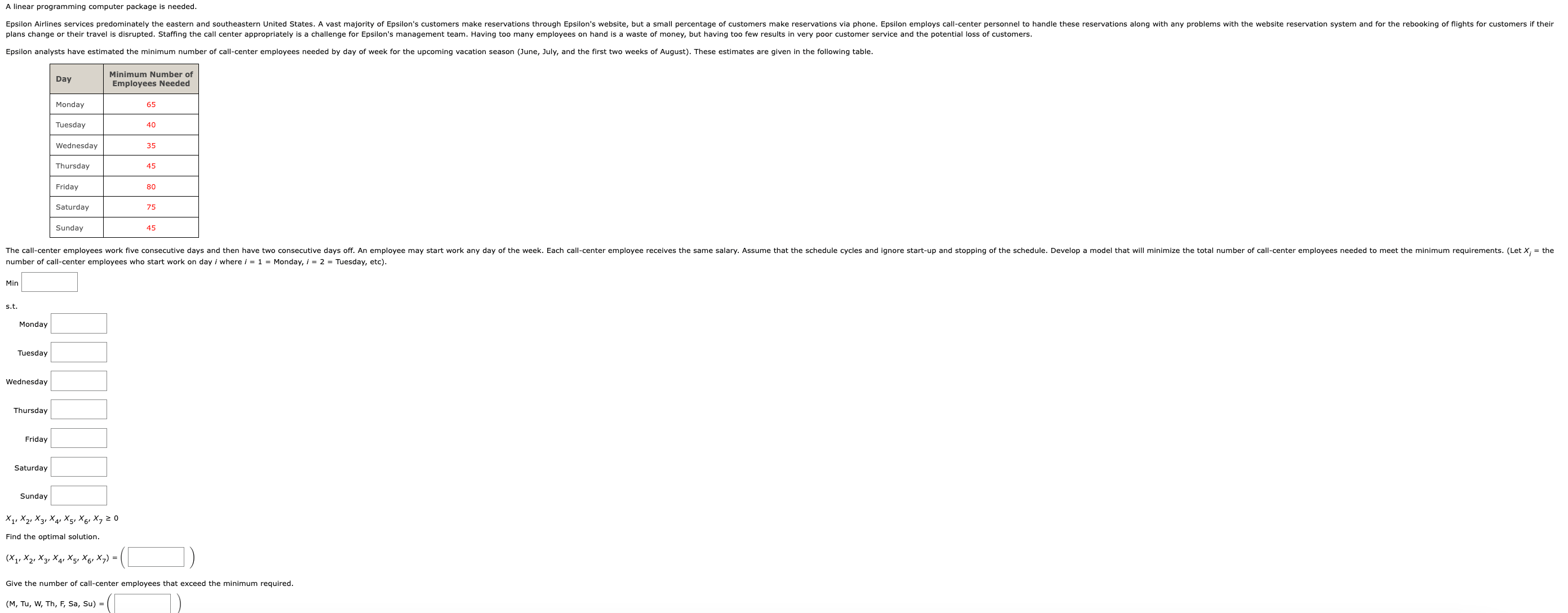 need help with practice problems! 3.5 \begin{tabular}{|l|c|} \hline Day & MinimumNumberofEmployeesNeeded