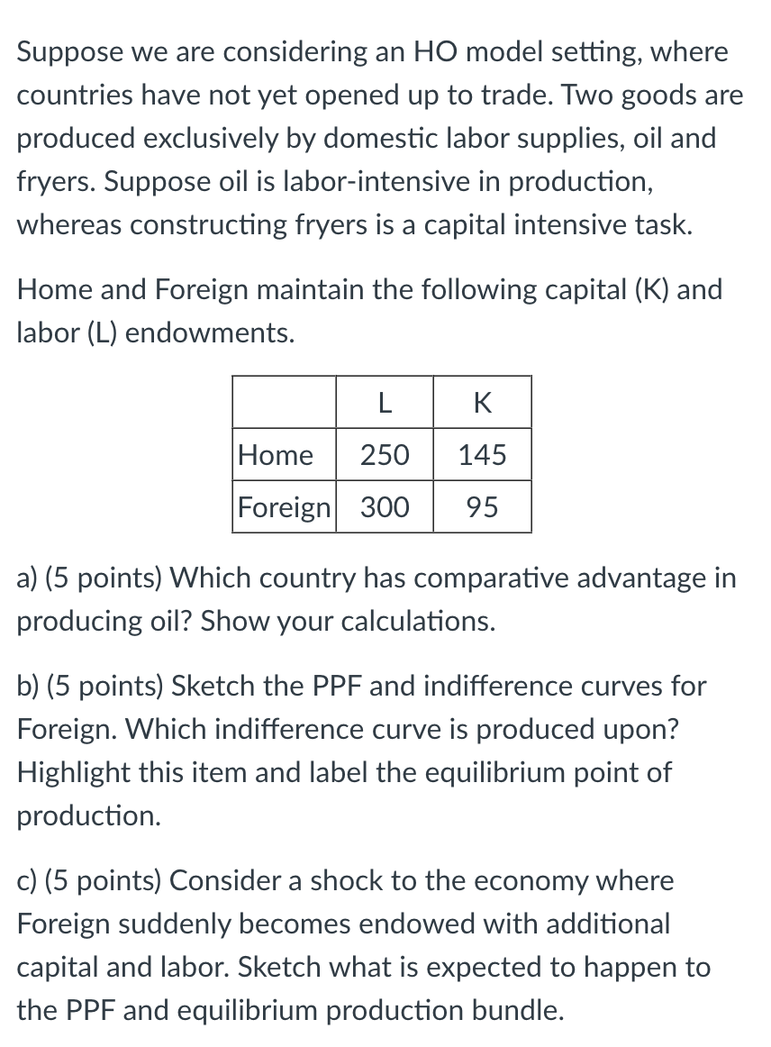  Suppose we are considering an HO model setting, where countries have