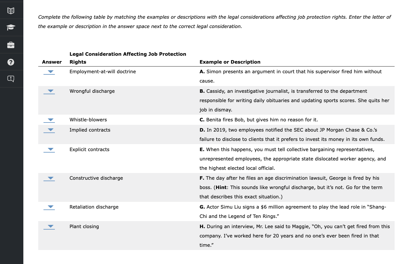  Complete the following table by matching the examples or descriptions with