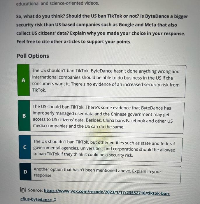 think about the US banning Tiktok? The US is considering banning TikTok