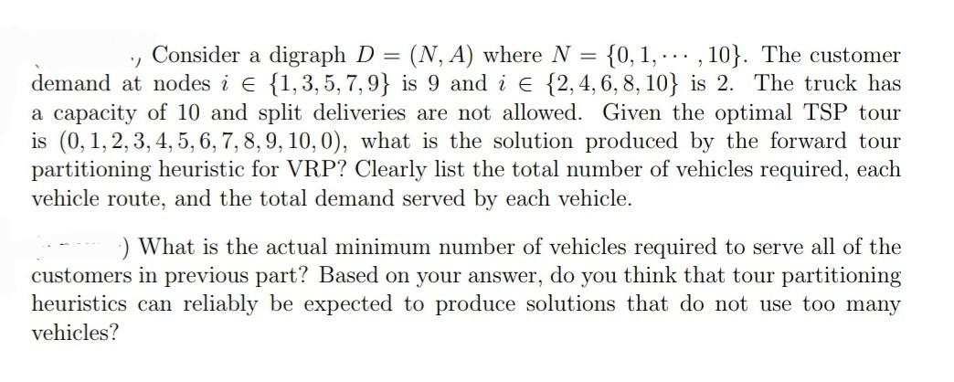 , Consider a digraph D=(N,A) where N={0,1,,10}. The customer demand at