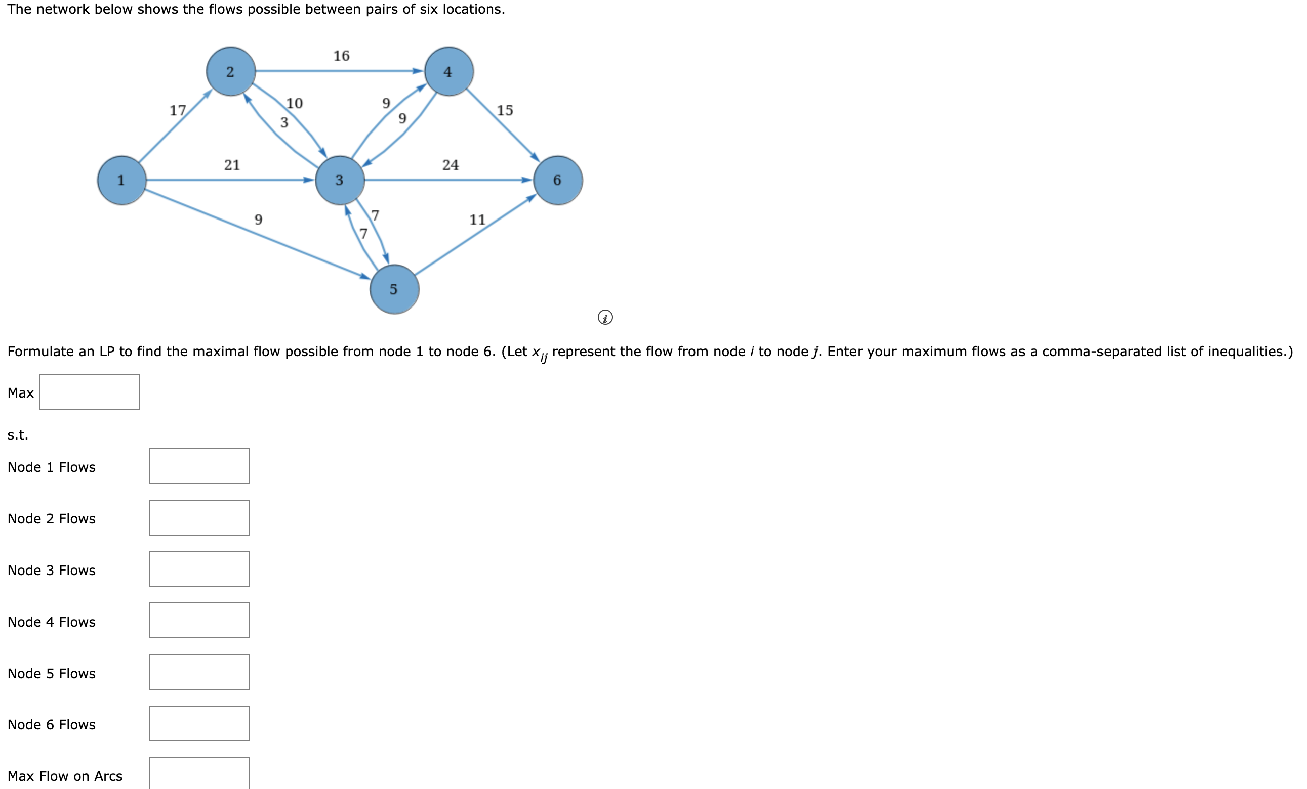 A graph with 6 nodes and 13 directed arcs is shown. Node