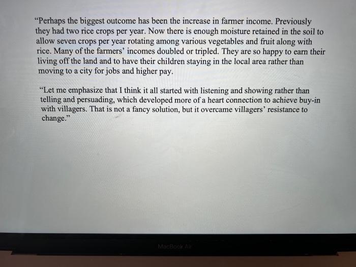 village, including preventing soil erosion and preserving rainwater for use during the