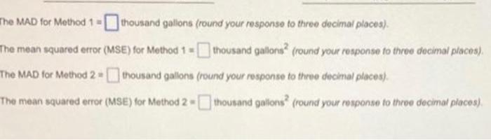  he MAD for Method 1= thousand gallons (round your response to