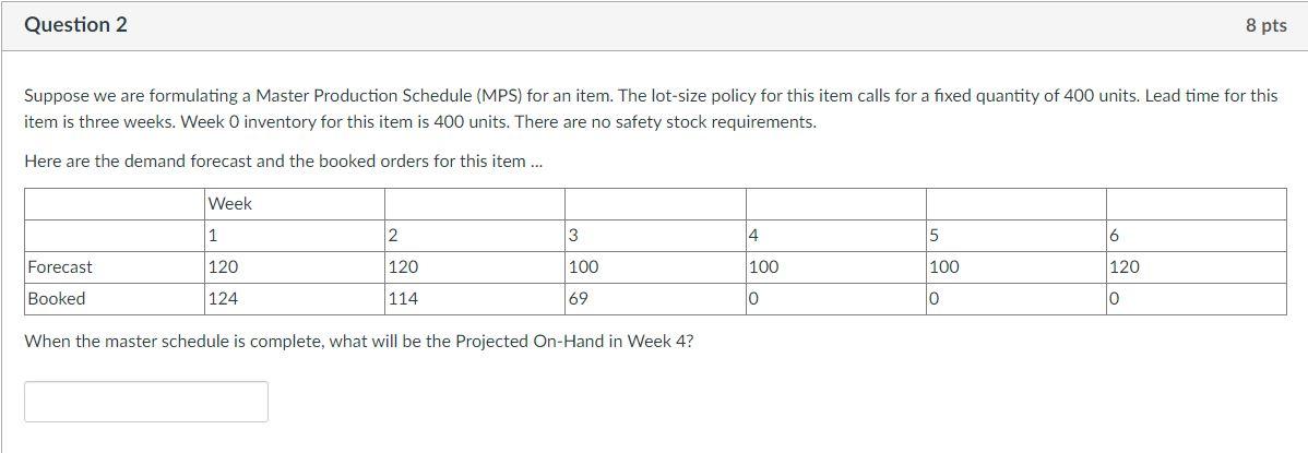  Suppose we are formulating a Master Production Schedule (MPS) for an