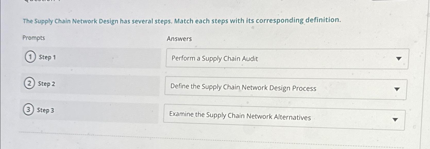  The Supply Chain Network Design has several steps. Match each steps