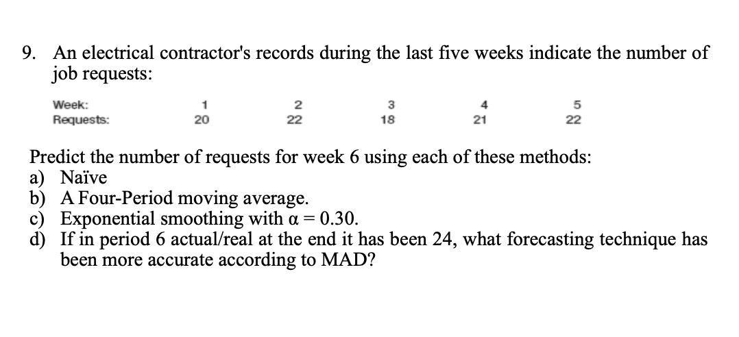  9. An electrical contractor's records during the last five weeks indicate