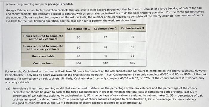  A linear programming computer package is needed. Georgia Cabinets manufactures kitchen