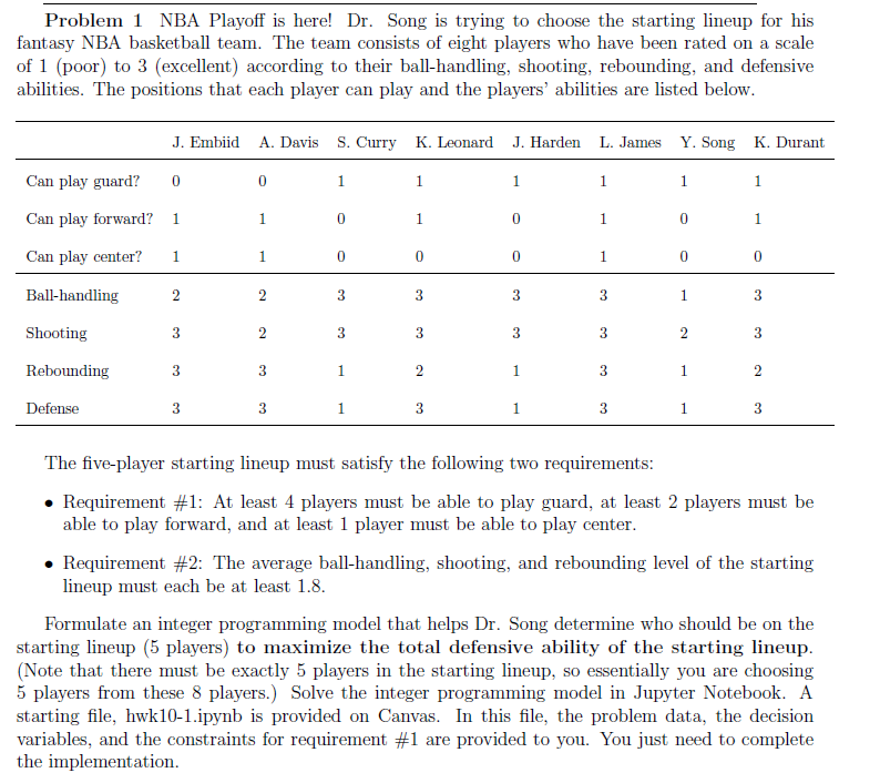 Problem 1 NBA Playoff is here! Dr. Song is trying to