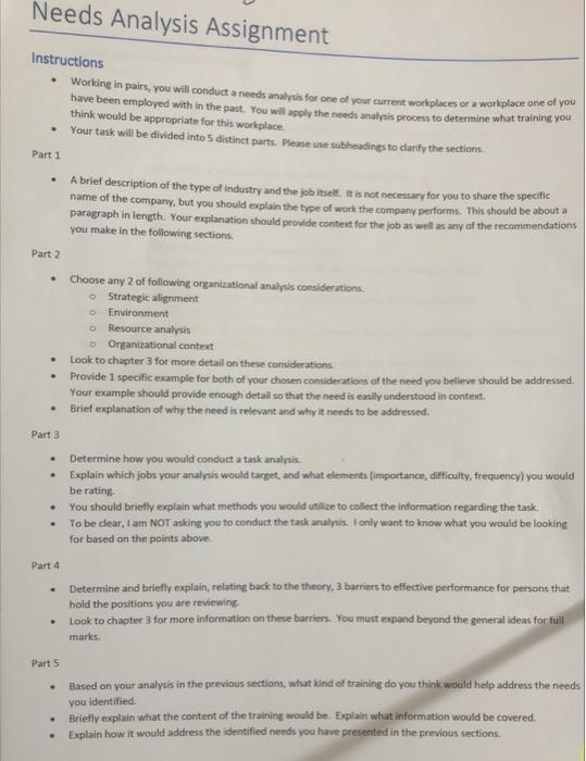  Instructions - Working in pairs, you will conduct a needs analynis