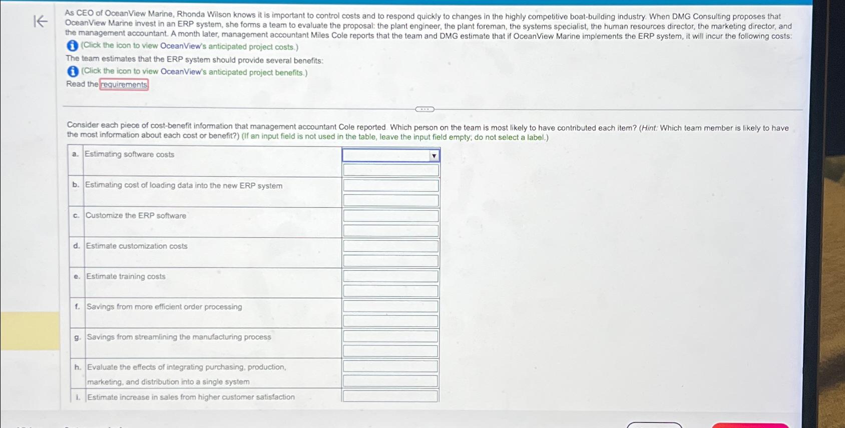  (Click the icon to view OceanView's anticipated project costs.) The team