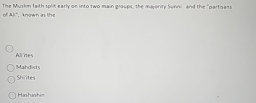  The Muslim faith split early on into two main groups, the