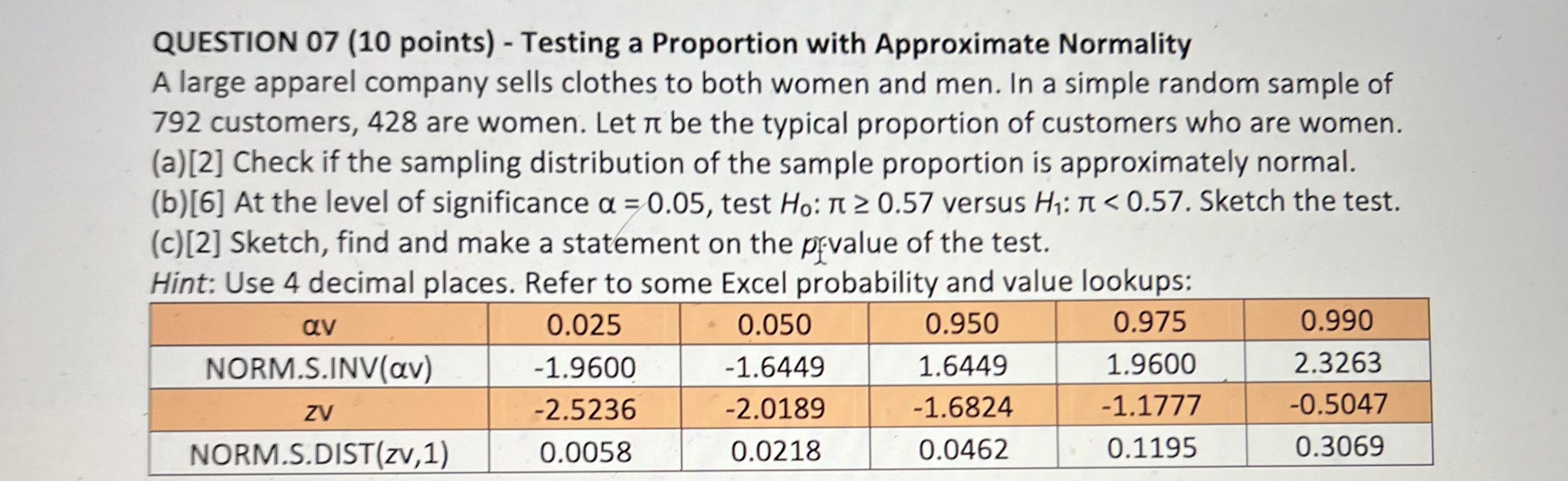  QUESTION 07 (10 points) - Testing a Proportion with Approximate Normality