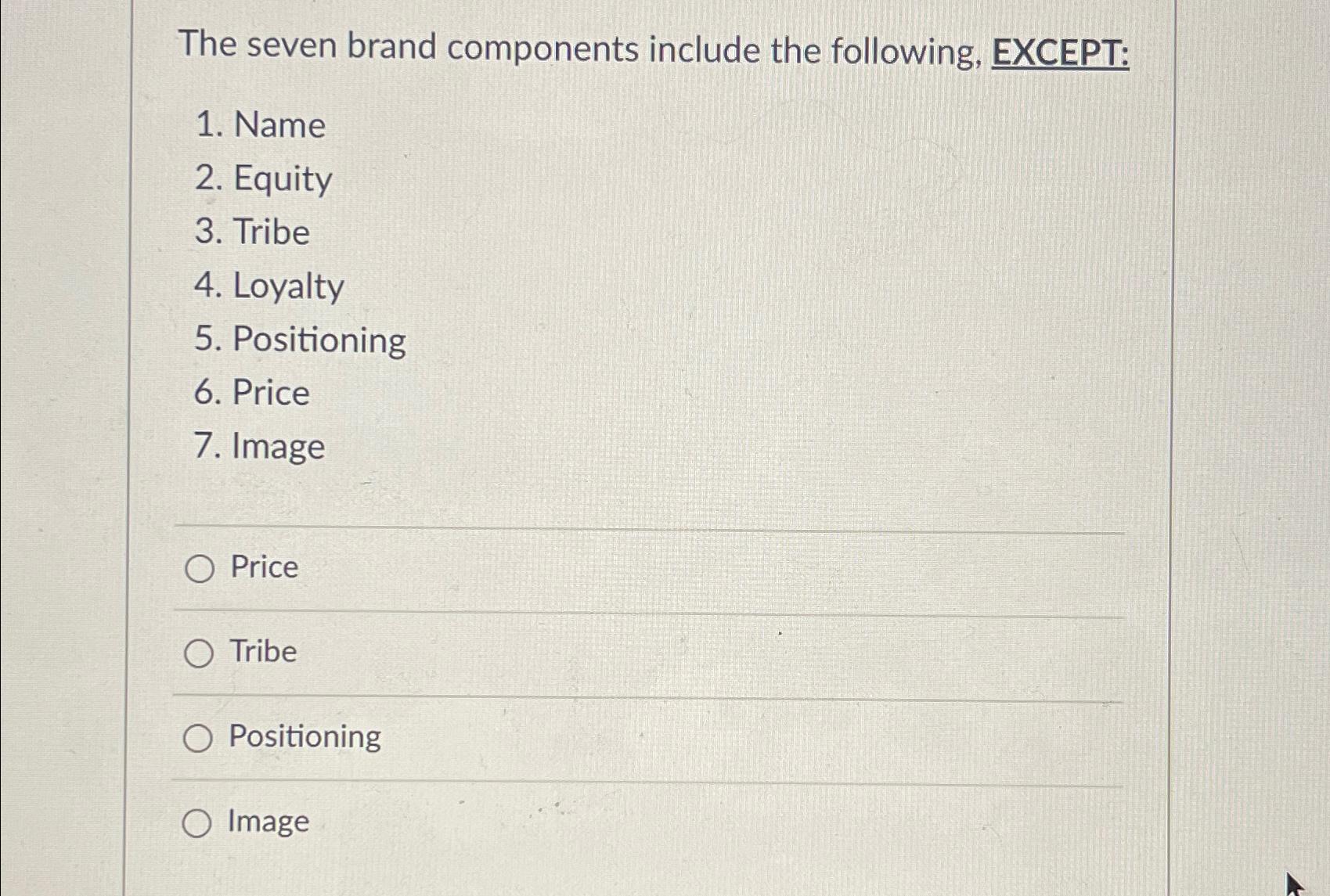  The seven brand components include the following, EXCEPT: Name Equity Tribe