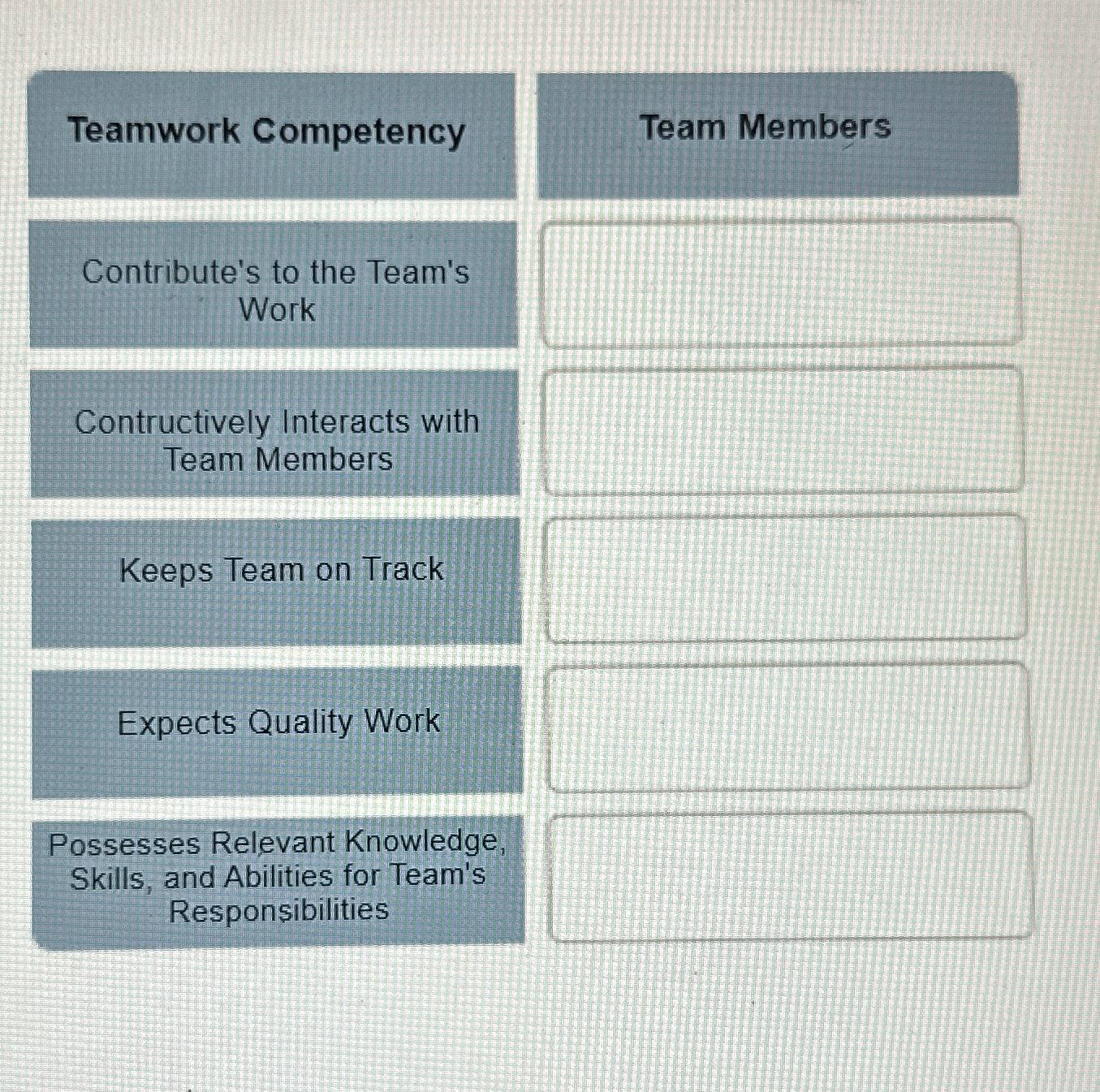  Teamwork Competency Contribute's to the Team's Work Contructively Interacts with Team