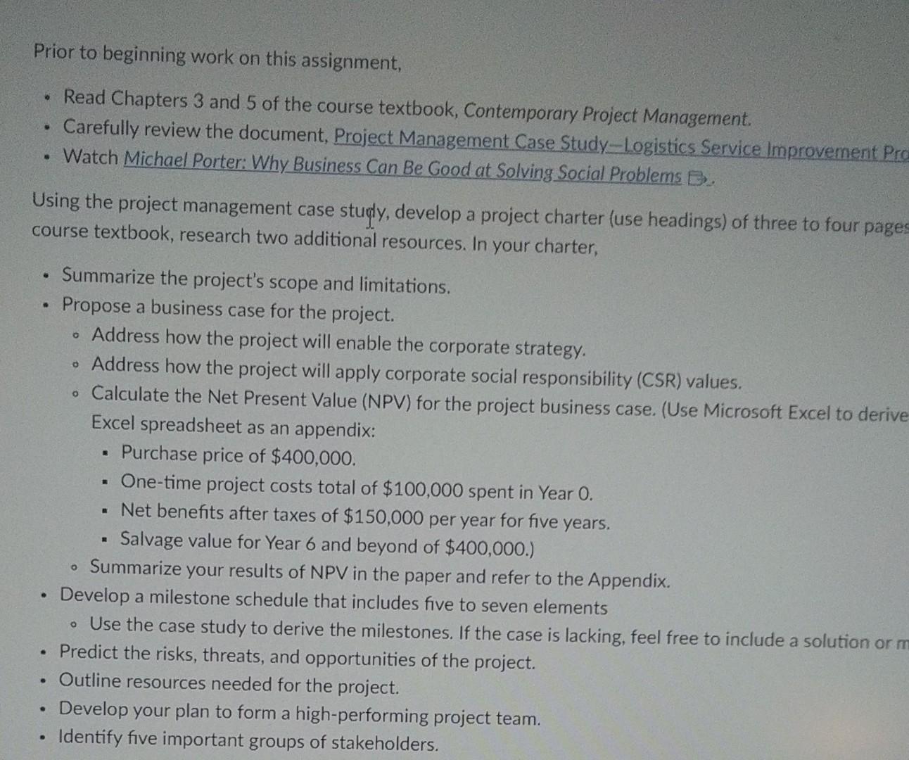 project charter development Prior to beginning work on this assignment, - Read