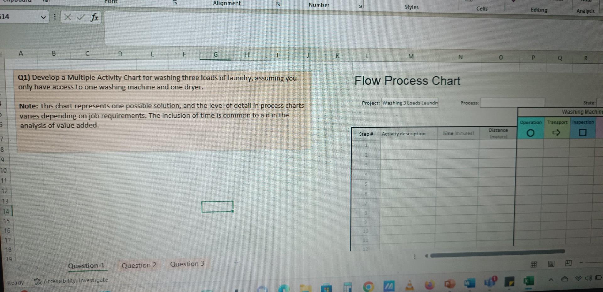  Q1) Develop a Multiple Activity Chart for washing three loads of