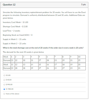 Simulate the following inventary replenishment problem far 20 weeks. You will