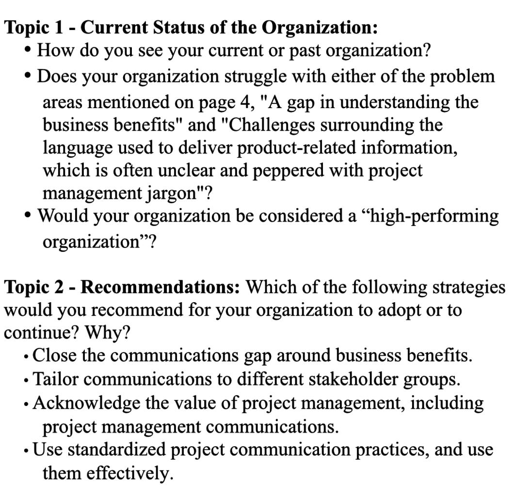  Topic 1- Current Status of the Organization: How do you see