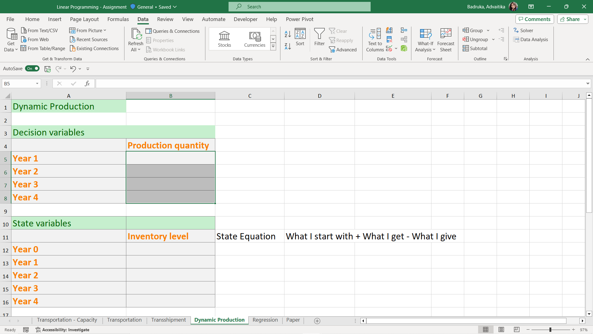  Please solve this dynamic production problem using Excel's solver. 