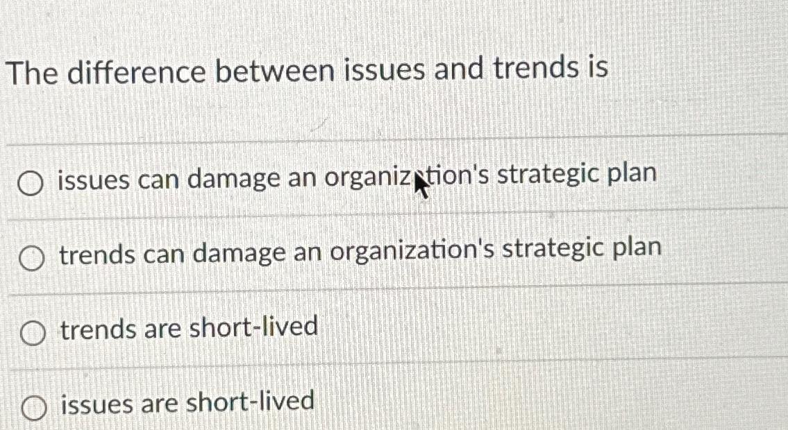  The difference between issues and trends is issues can damage an