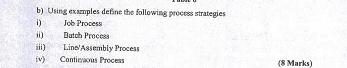  b) Using examples define the following process strategies i) Job Process