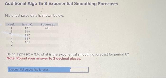  Additional Algo 15-8 Exponential Smoothing Forecasts Historical sales data is shown