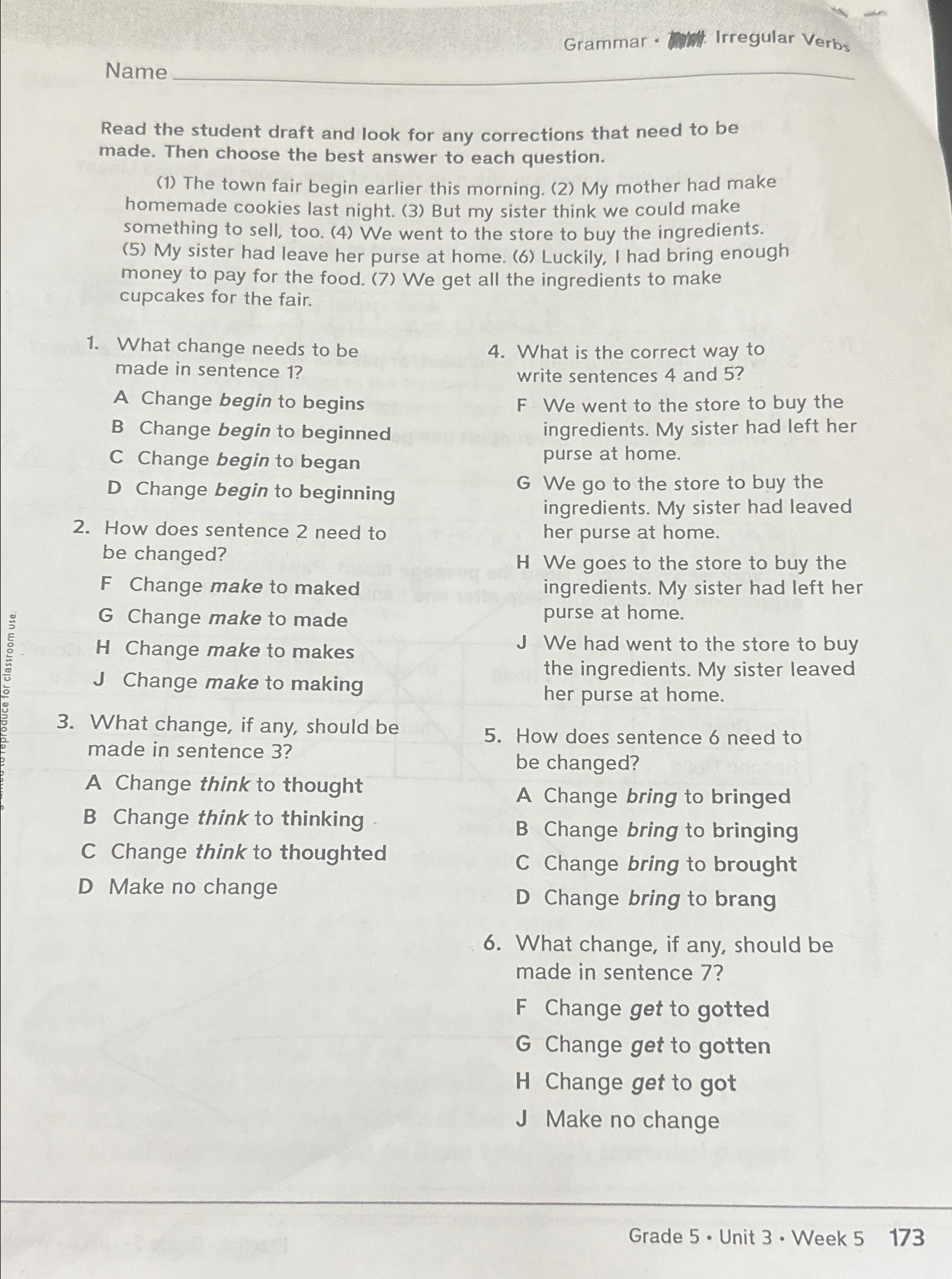  Grammar - Irregular Verbs Name Read the student draft and look