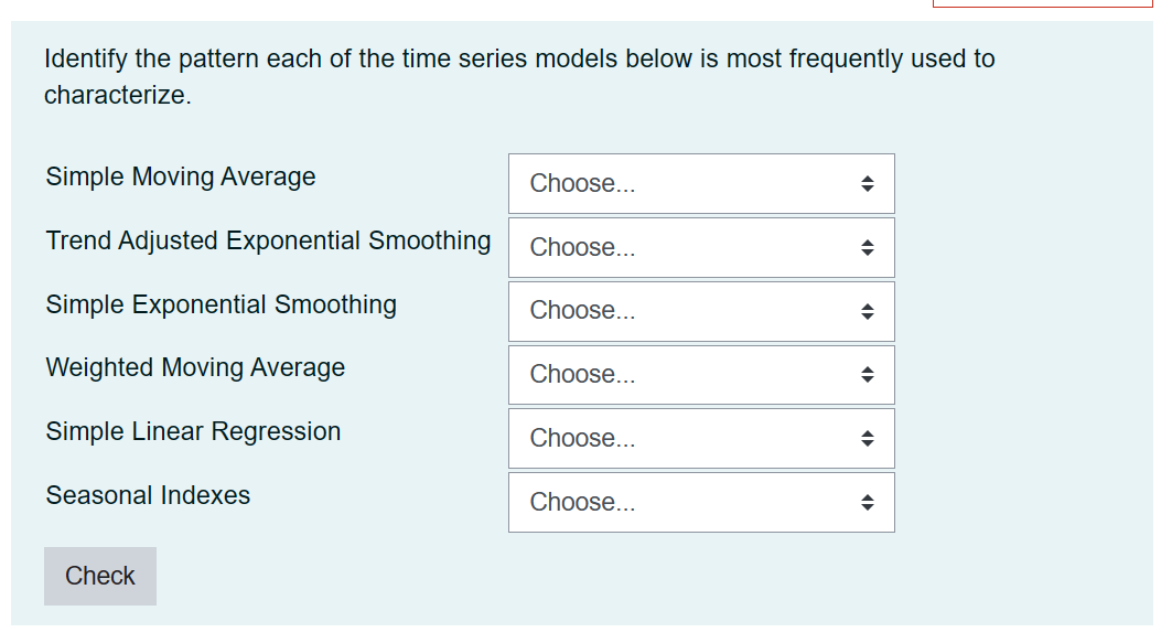 Options are Seasonal pattern cyclical component/element average pattern average and trend pattern
