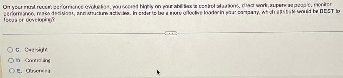 abilities to control situations, direct work, supervise people, monitor performance, make decisions,