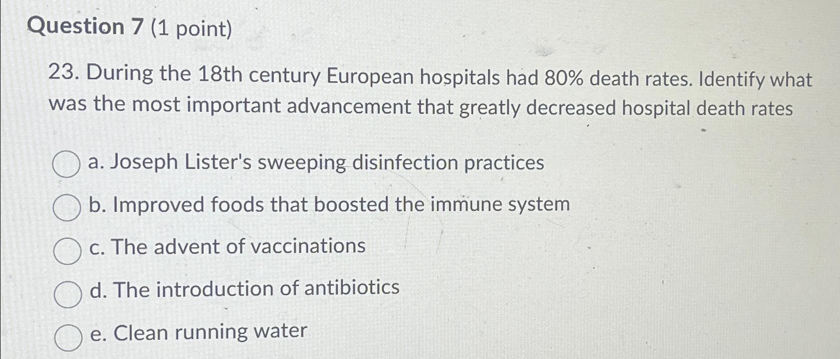  Question 7(1 point) 23. During the 18 th century European hospitals