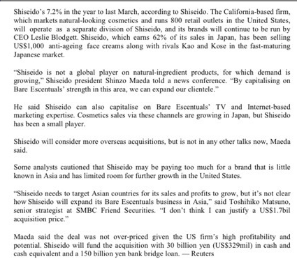 Shiseido to buy US-based Bare Escentuals for US1.7bil TOKYO: Shiseido Co Ltd,