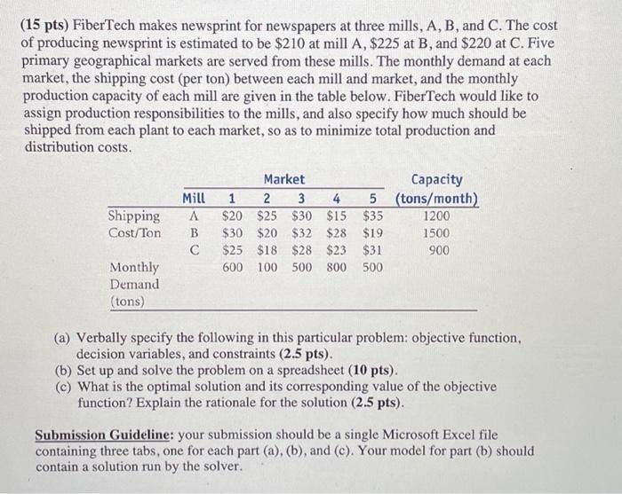 description below. Your submission should be a single Microsoft Excel file containing