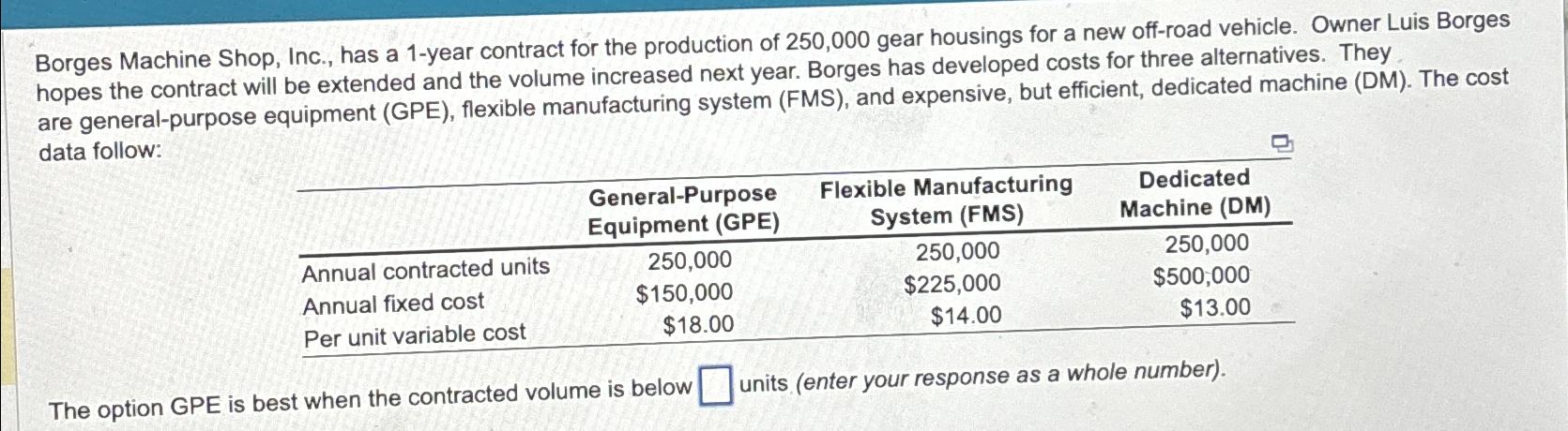  Borges Machine Shop, Inc., has a 1-year contract for the production