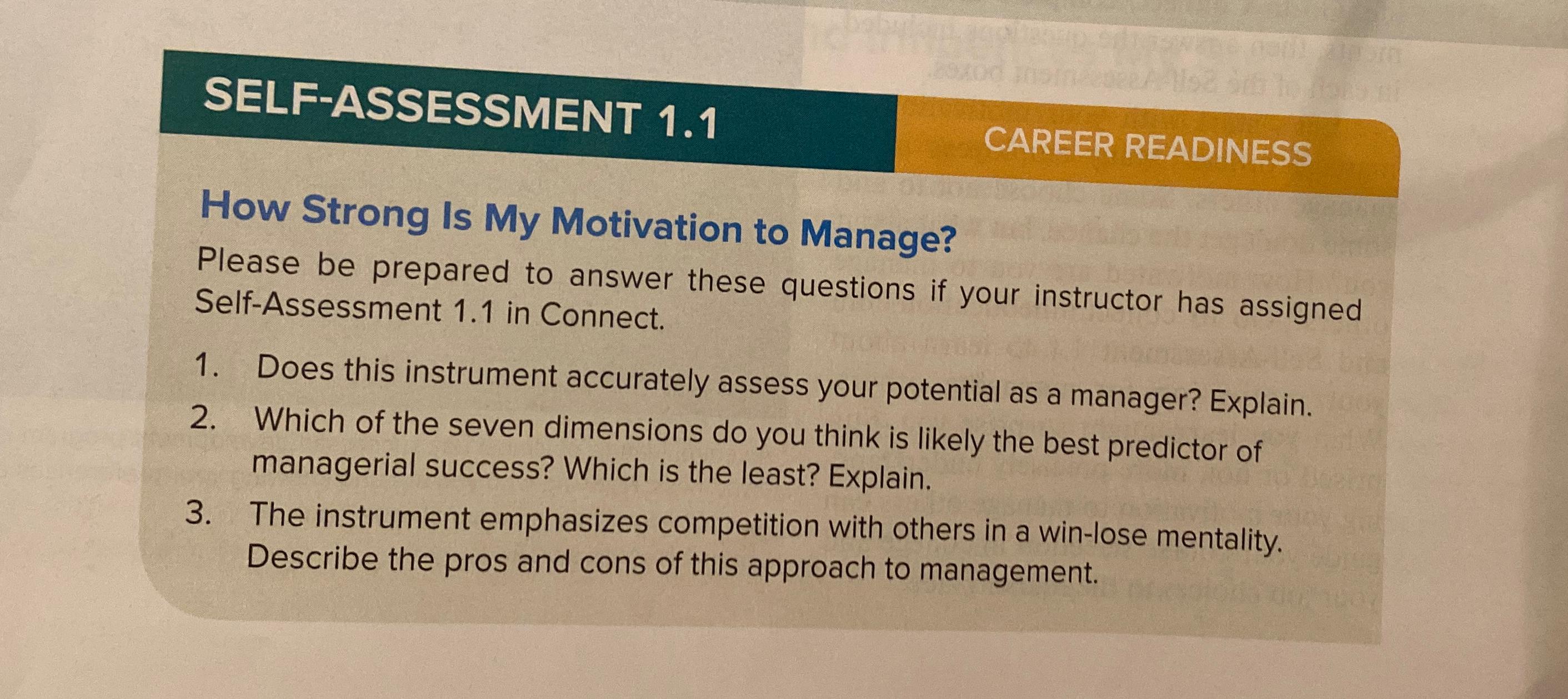 SELF-ASSESSMENT 1.1 CAREER READINESS How Strong Is My Motivation to Manage?