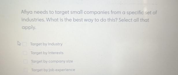  Afiya needs to target small companies from a specific set of