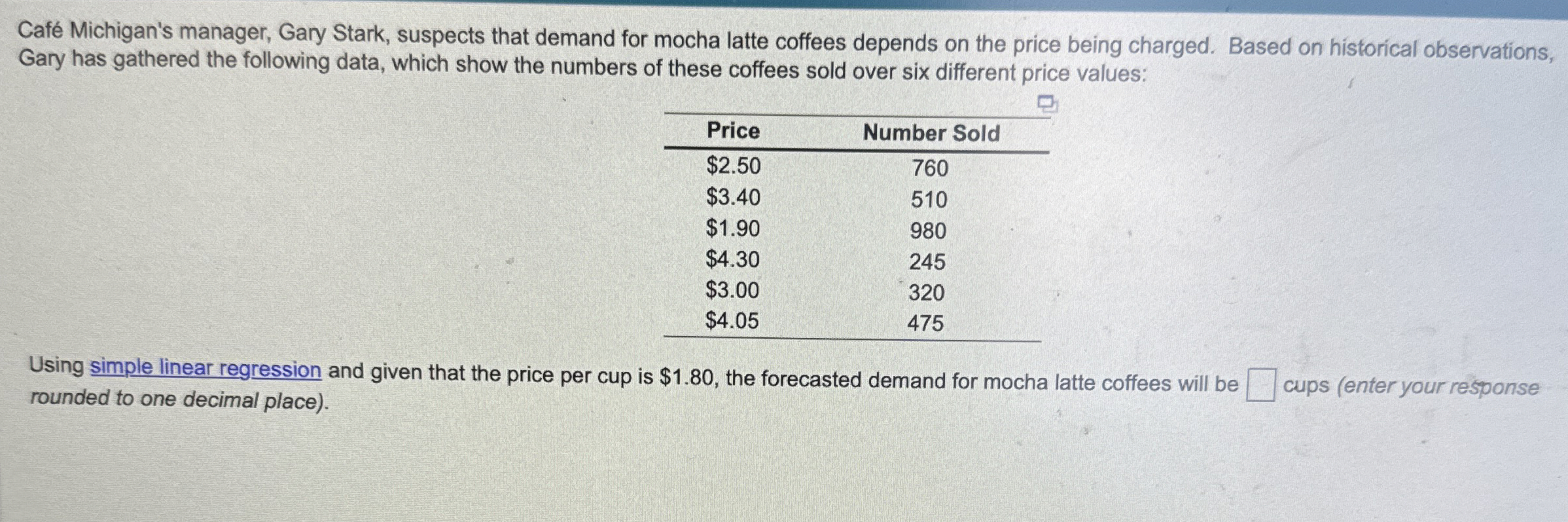  Caf Michigan's manager, Gary Stark, suspects that demand for mocha latte
